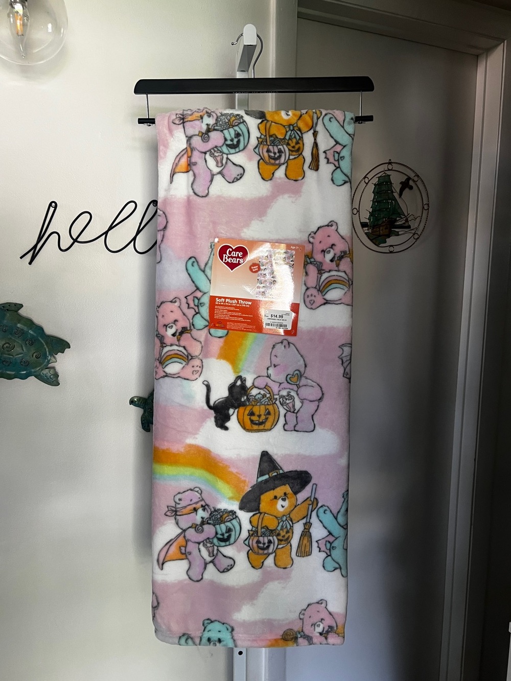 NEW Care Bears Halloween Pink Throw Blanket 50”x70” Witch Cat Bats Rainbow